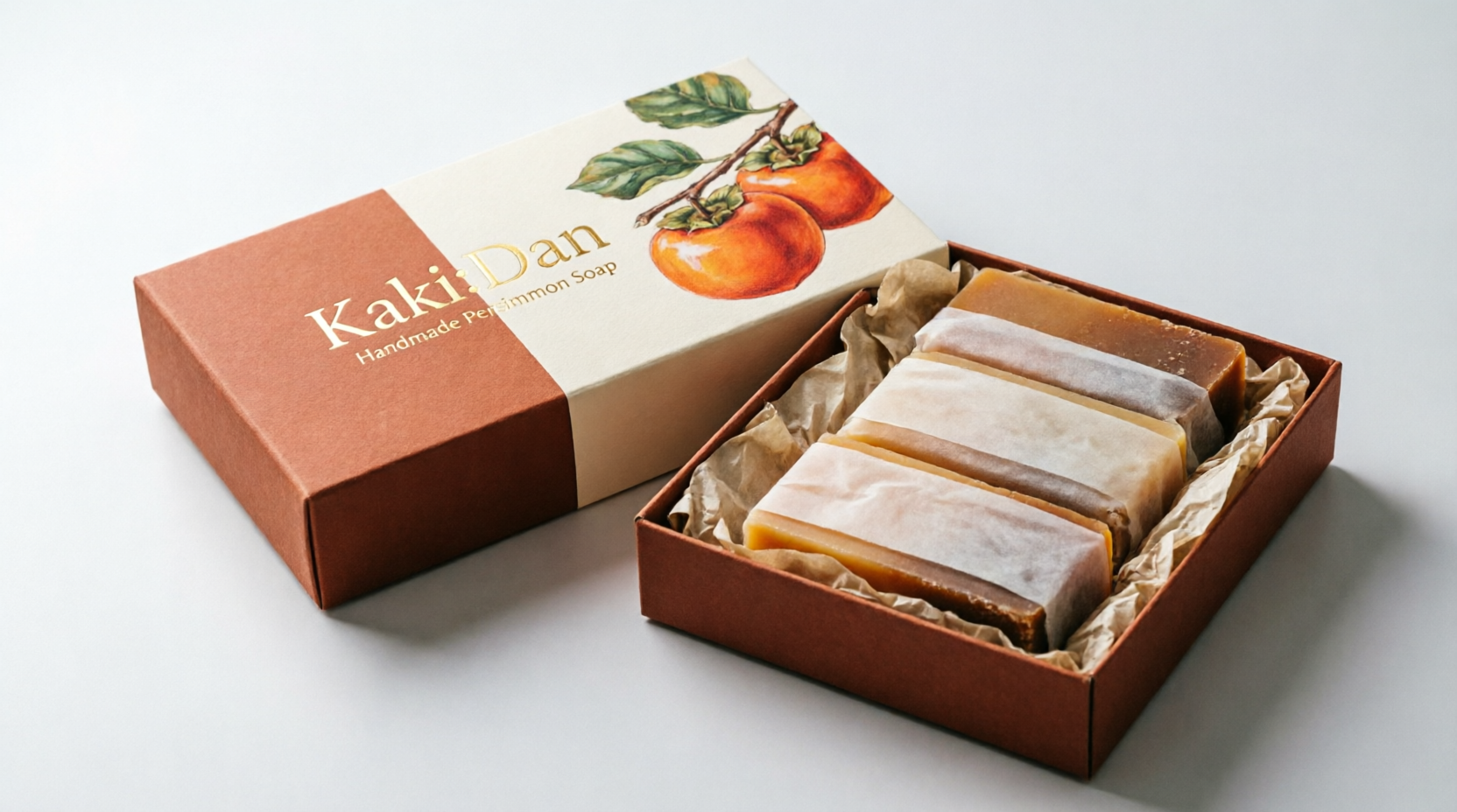 Kaki:Dan handmade persimmon soap bar pack, box open showing three wrapped bars